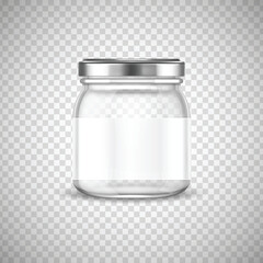 Glass jar. Empty clear glass container with metal cap, closed transparent 3d glassware for homemade jam and canning food, preservation and conservation, storage realistic vector isolated single.