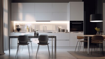 Modern minimalist white kitchen with dining area. White glossy facades, kitchen appliances, dining table with chairs, black lampshade, window with curtains. Generative AI