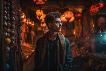 Side Portrait of a Young Man on Oriental Bazaar - Travel Blog - Vibrant Warm Colors - Market at Night with Enchanting lights - generative ai - imaginary person