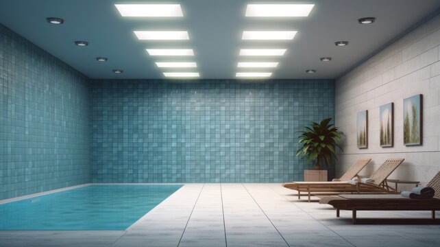 Indoor swimming pool in a luxurious modern building. The walls and floor are made of light-colored tiles, deck chairs, a plant in an outdoor flowerpot, posters on the wall. Generative AI