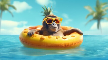 A cheeky monkey wearing a snorkel mask and floating on an inflatable pineapple float in a crystal-clear pool - Generative ai