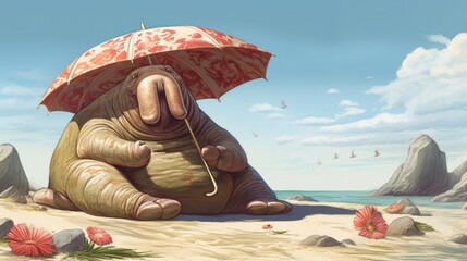 A jolly walrus sunbathing on a rocky beach, wearing a sun hat and using a clamshell as a beach umbrella - Generative ai