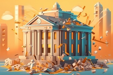 Obraz premium The bank building collapsed. Bank bankruptcy. Destroy the financial institution. banking crisis. A ruined bank against the backdrop of skyscrapers. Loss of money by bank depositors after Generative AI