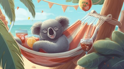 A laid-back koala relaxing in a hammock between two palm trees, sipping a tropical drink and enjoying the breeze - Generative ai