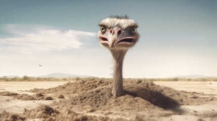 A goofy ostrich burying its body in the sand, leaving only its long neck exposed with a comical expression - Generative ai - obrazy, fototapety, plakaty