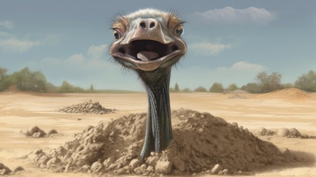 A goofy ostrich burying its body in the sand, leaving only its long neck exposed with a comical expression - Generative ai