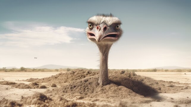 A goofy ostrich burying its body in the sand, leaving only its long neck exposed with a comical expression - Generative ai