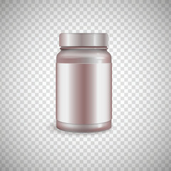 Brown glossy plastic jar with lid for sport powder - protein, vitamins, bcaa, tablets. Photo-realistic packaging mockup template. Vector 3d illustration.