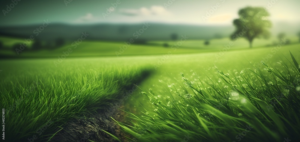Poster grassy green area with a hazy backdrop. generative ai