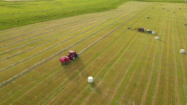 Tractor with round hay baler unload harvesting hay bale from agricultural machinery in field. Work in agronomic farm for making business and production organic eco bio animal feed