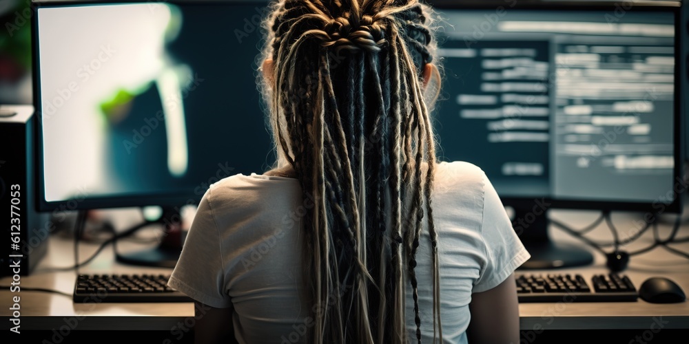 Poster back view of a girl with dreadlocks working on her computer, closeup generative ai
