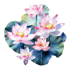 Beautiful blooming lotus flowers with bud and green leaf floating on the water isolated on Transparency Background, Generative AI