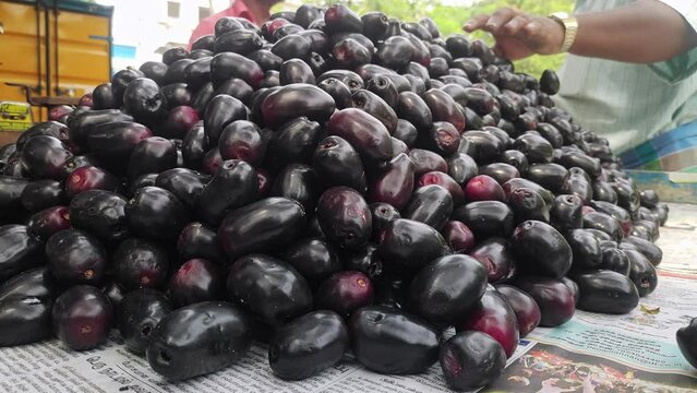 A pile of popular Indian Java plum fruits kept on a pushcart for sale