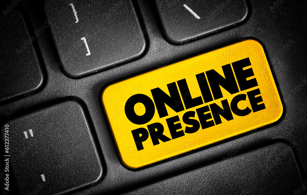 Poster online presence text button on keyboard, concept background