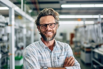 Closeup of a confident engineer male factory worker with arms crossed, industrial construction industry