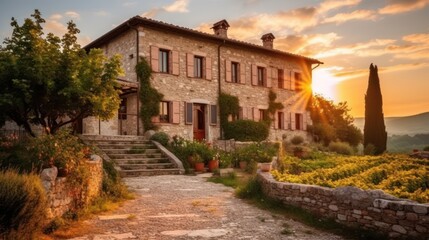 Fototapeta na wymiar Depict a grand villa in the picturesque countryside of Umbria or Piedmont, with sprawling grounds, a private pool, and stunning vistas of vineyards or olive groves