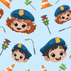 Seamless pattern of Police kid illustration, police girl and boy cartoon vector