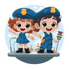 Police kid illustration, police girl and boy cartoon vector, in city traffic background