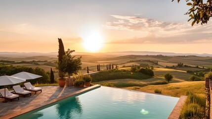 Depict a grand villa in the picturesque countryside of Umbria or Piedmont, with sprawling grounds, a private pool, and stunning vistas of vineyards or olive groves