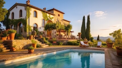 Fototapeta na wymiar Depict a grand villa in the picturesque countryside of Umbria or Piedmont, with sprawling grounds, a private pool, and stunning vistas of vineyards or olive groves