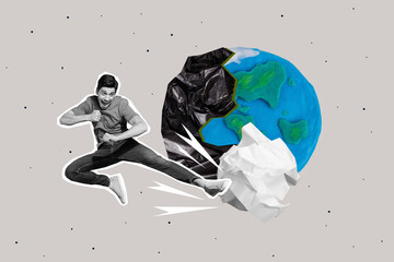 Silhouette of young karate fighter guy collage volunteer damage destroy reuse plastic production...