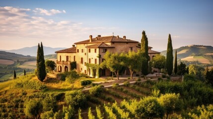Fototapeta premium Depict a grand villa in the picturesque countryside of Umbria or Piedmont, with sprawling grounds, a private pool, and stunning vistas of vineyards or olive groves