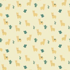 Lama and cacti seamless pattern hand drawn, cartoon style, for kids
