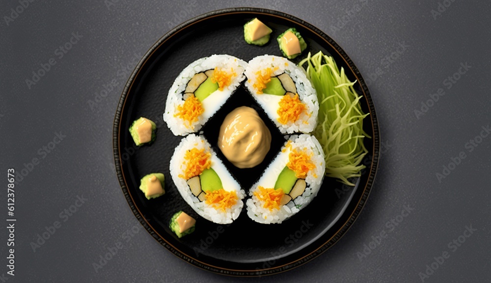 Poster sushi with cream cheese and crabmeat overview of ginger and wasabi generative ai