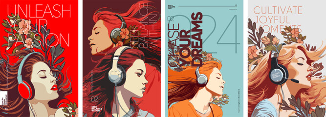 Fototapeta na wymiar A girl wearing headphones listening to music. Portrait of a happy girl. A set of vector illustrations in the Pop Art style. Typography poster design.