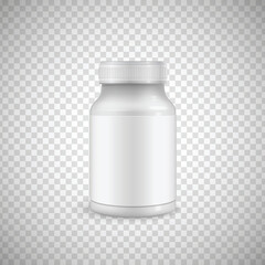 Plastic pill bottles. white 3d Vector illustration. Mockup Template of medicine package for pills, capsule, drugs. Sports and health life supplements.