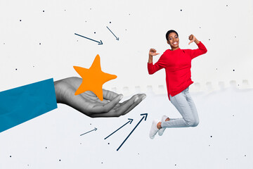 Motivation placard collage of young happy worker lady jump directing fingers herself challenge gold...