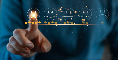 Customer service and satisfaction, five star, customer, Business people touching the virtual screen happy smiley face icon, Quality assurance, give satisfaction in service.rating very impressed