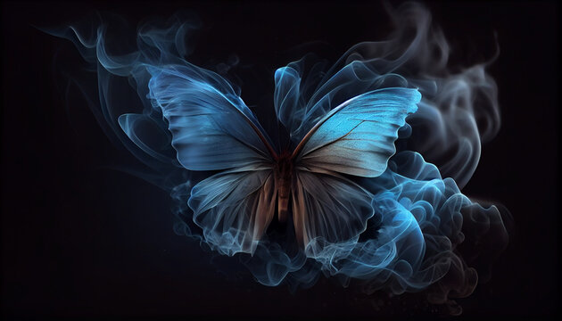 Contours of blue butterfly in smoke on black background, fantastic magic background, unusual beautiful wallpaper Ai generated image 