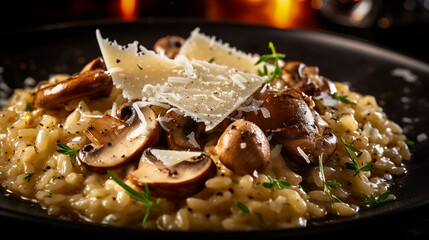 Generative AI. Gourmet Mushroom Risotto with Truffle Oil and Parmesan Shavings