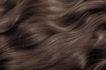 Brown hair close-up as a background. Women's long brown hair. Beautifully styled wavy shiny curls....