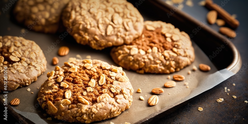 Poster image cropped from a platter of oatmeal cookies with nuts. generative ai
