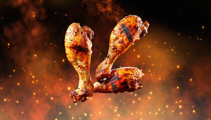 Hot Grilled Chicken Drumsticks in Air with fire in background for food photography, food styling, food presentation, advertising, branding, graphic design, web design, banner, poster, Chicken 
