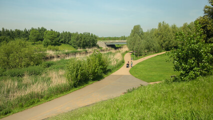 London, UK, 15 May 2023: North parklands looking towards Here East, Queen Elizabeth Olympic Park
