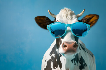 Funny Cow With Blue Sunglasses Isolated In Blue Background