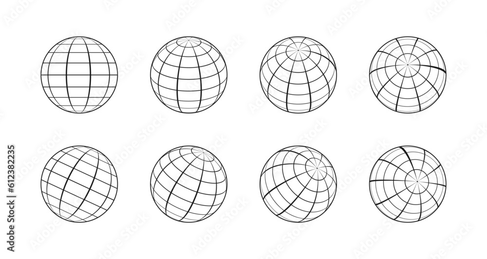 Poster Earth globe made by grid from different sides. Set of 3d globes, grid spheres. Linear wireframe World globe in various position. Vector illustration.