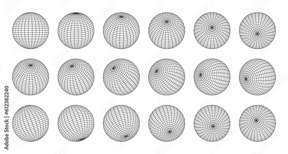 Fototapete Earth globe made by grid from different sides. Set of 3d globes, grid spheres. Linear wireframe World globe in various position. Vector.