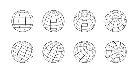 Earth globe made by grid from different sides. Set of 3d globes, grid spheres. Linear wireframe World globe in various position. Vector illustration.