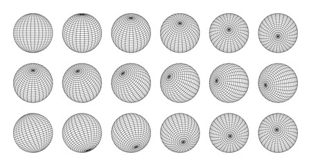 Earth globe made by grid from different sides. Set of 3d globes, grid spheres. Linear wireframe World globe in various position. Vector.