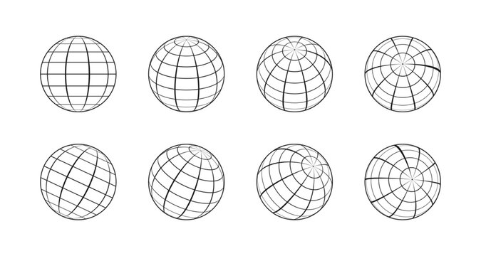 Earth Globe Made By Grid From Different Sides. Set Of 3d Globes, Grid Spheres. Linear Wireframe World Globe In Various Position. Vector Illustration.