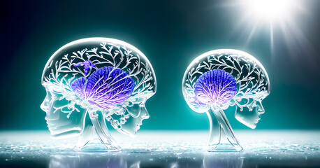 The transparent glass golden brain of super genius. golden brain concept. elegant, copy space, Generative AI, illustration