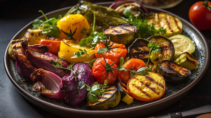 Fototapeta na wymiar A plate of grilled vegetables, showcasing a variety of vibrant colors