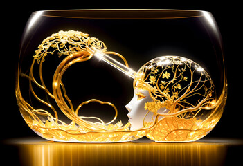 The transparent glass golden brain of super genius. golden brain concept. elegant, copy space, Generative AI, illustration