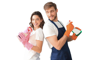 Young happy couple is having fun while doing cleaning at home on a transparent background