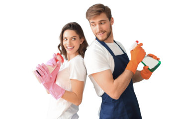 Young happy couple is having fun while doing cleaning at home on a transparent background