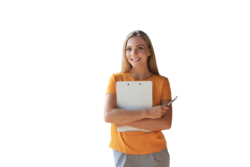 Attractive business woman in smart casual wear looking at camera and smiling while standing on a transparent background